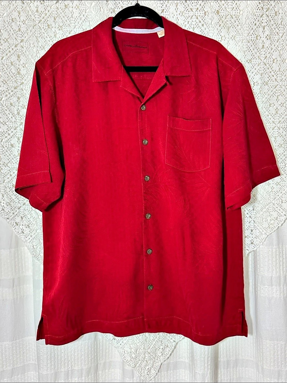 Tommy Bahama Silk Palm Jacquard Camp Shirt Red Large